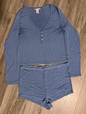 Victoria's Secret Blue Long-Sleeve Henley Top & Matching Shorts Pajama Set